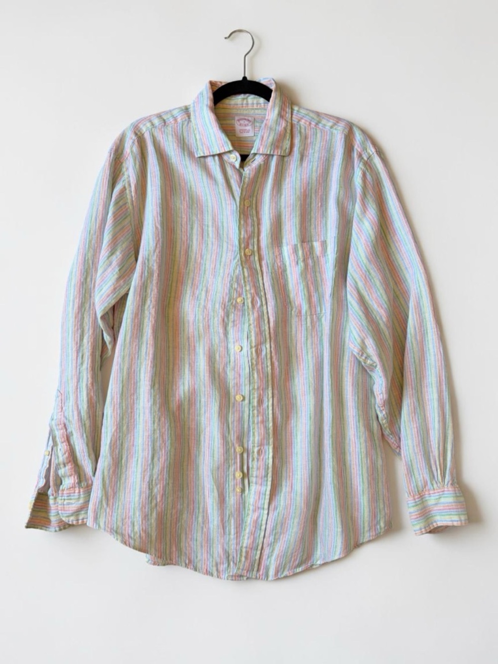 Brooks Brothers Pastel Stripe Button Front Shirt Long Sleeve Irish Linen Large
